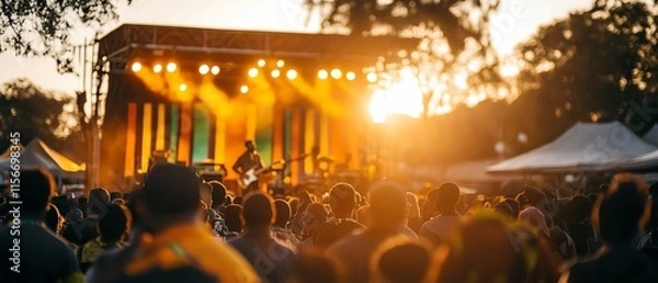 Fototapeta A vibrant outdoor concert scene with a crowd enjoying live music as the sun sets, creating a warm and lively atmosphere.