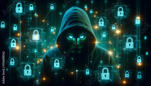 Fototapeta Hacker A hooded hacker surrounded by floating data screens and glowing padlock symbols, all illuminated in 1