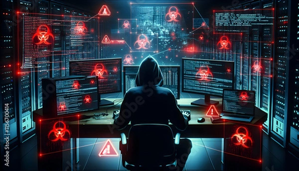 Fototapeta Hacker A hacker in a dark, futuristic setting, seated before multiple monitors displaying red virus warning2
