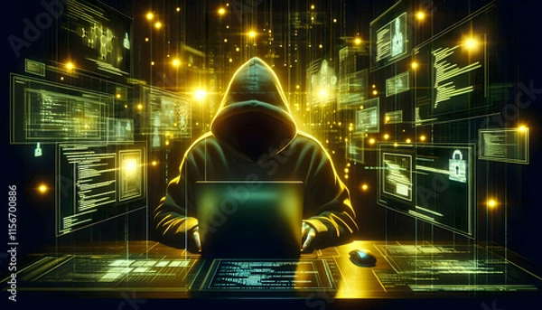 Fototapeta Hacker A glowing, digital display of code and data filling a dark space, with a hooded figure typing on a l3