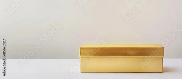 Fototapeta Elegant golden gift box on a clean white background offering ample space for personalized text or festive messaging design.