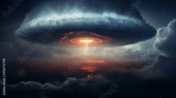 Fototapeta Glowing unidentified flying object UFO surrounded by swirling dramatic thunderstorm clouds in a dark ominous night sky  Mysterious