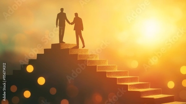 Fototapeta Personal development, career growth, success, progress and potential concepts. Human resources officer, supervisor help employee with his growth symbolized by stairs, bokeh background.