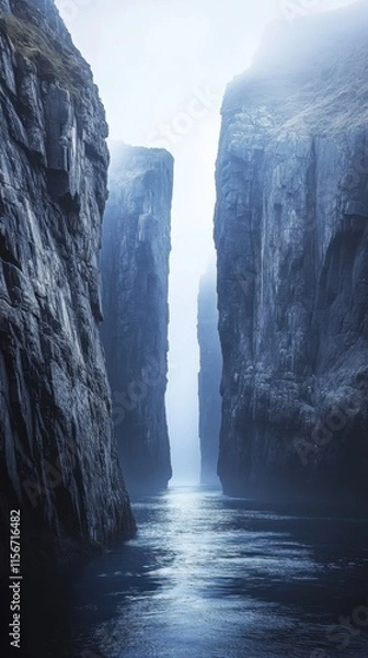 Fototapeta Towering cliffs in pale blue mist, dramatic yet subtle minimalist approach, reflecting harmony between structure and emptiness, perfect for atmospheric visuals