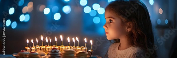 Fototapeta Young Girl Gazing at Lit Menorah with Dreidels and Hanukkah Treats widescreen