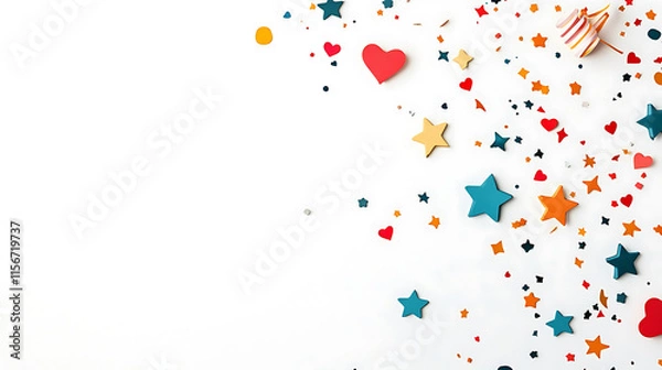 Obraz Whimsical confetti in various shapes, including stars and hearts, creates festive atmosphere