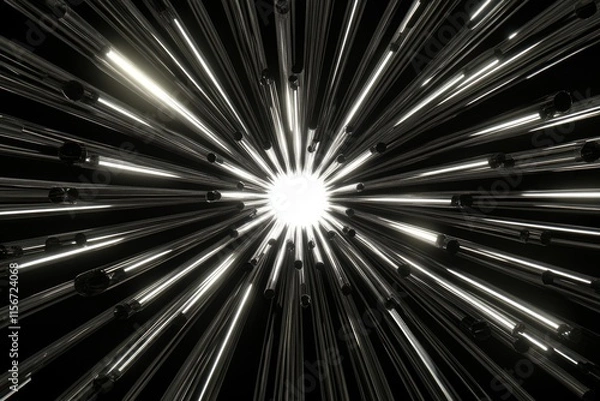 Fototapeta Glowing metallic tubes converge towards a bright center, creating a dynamic, radiating effect.