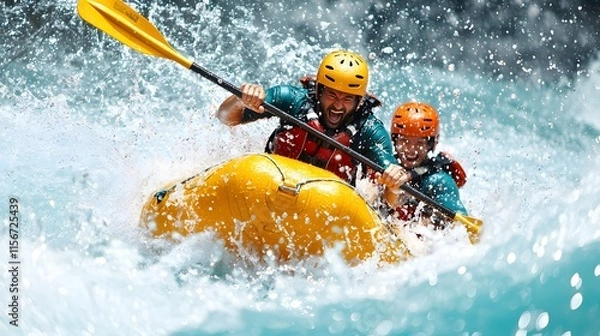 Fototapeta Thrilling Rafting Adventure: Experience the Rush of Water Through Stunning Rapids and Laughter. Travel Adventures, Diversity Concept