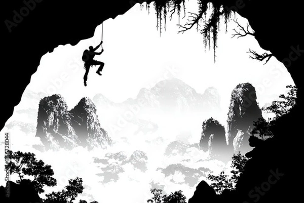 Fototapeta A dramatic silhouette of a climber hanging from a cliff's edge, with faint abstract mountains and soft gradient skies emphasizing determination and courage. 