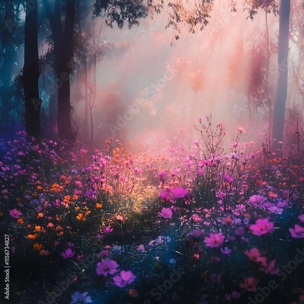 Fototapeta Enchanted forest glowing with colorful flowers and mist during early morning hours