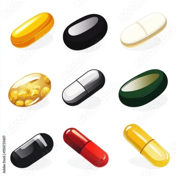 Fototapeta A vibrant assortment of colorful capsules and pills arranged in a grid, showcasing various shapes and shades.