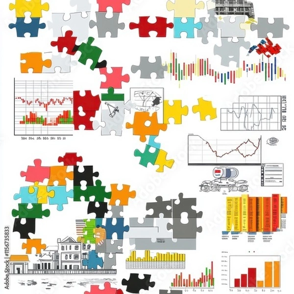 Fototapeta A colorful assortment of puzzle pieces featuring charts, graphs, and illustrations, symbolizing problem-solving and analysis.