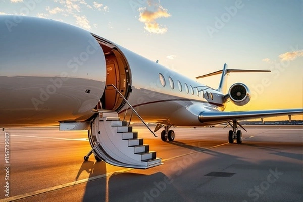 Fototapeta Luxury private jet with open door and stairs, parked on a runway at sunset. Clear sky and warm light enhance the elegant aviation concept. Ai generative