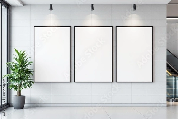 Fototapeta Three blank framed posters on a tiled wall, lit by spotlights, with a plant and escalator nearby. Minimalist concept for design or advertising presentation. Ai generative