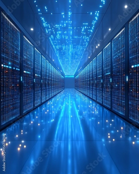 Fototapeta Data center server room with blue lighting and digital data stream.
