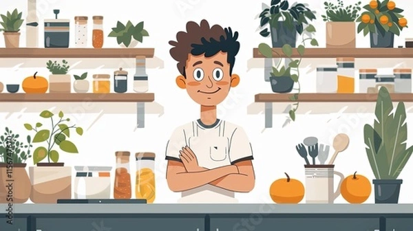 Fototapeta flat design, illustration, Trying Something New: A boy learns to cook for the first time