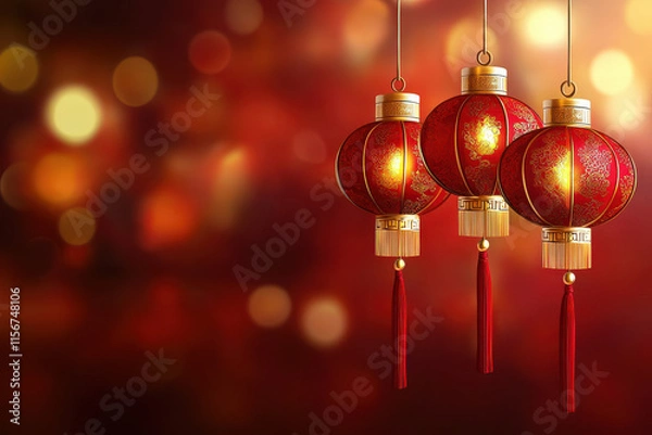 Fototapeta Red lanterns with gold accents create festive atmosphere
