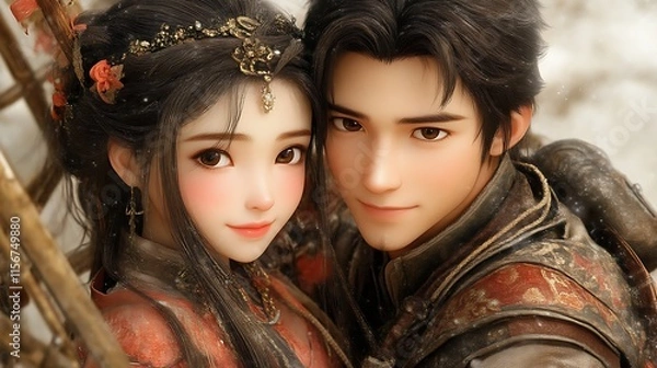 Fototapeta Close-up portrait of a young couple in traditional Chinese attire, set against a snowy background.