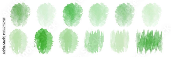 Fototapeta Soft green watercolor swatches, textured brush strokes, artistic design elements, versatile background options.
