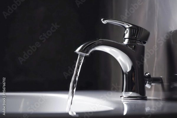 Fototapeta Chrome Faucet with Water Flowing into Sink
