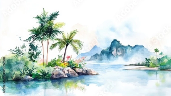 Fototapeta A serene watercolor landscape featuring lush palm trees by a calm river with distant mountains, evoking tranquility and nature's beauty.
