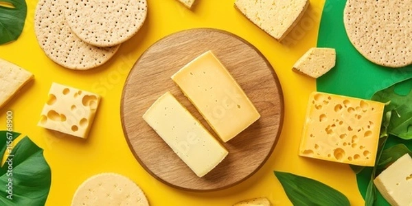 Obraz A vibrant display of various cheese types arranged on a wooden board, surrounded by bright yellow and green elements.