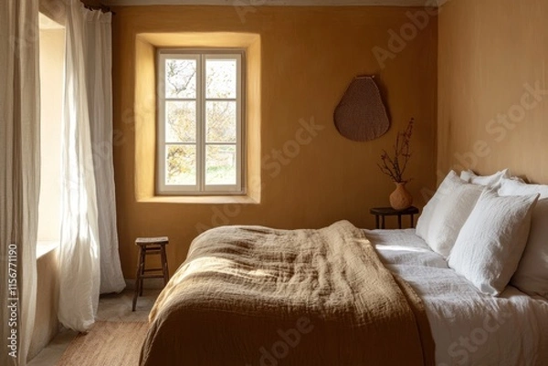 Obraz Cozy bedroom with warm, earthy tones. Sunlight streams into a rustic-style bedroom with a linen bedspread, pale walls, and a large window.
