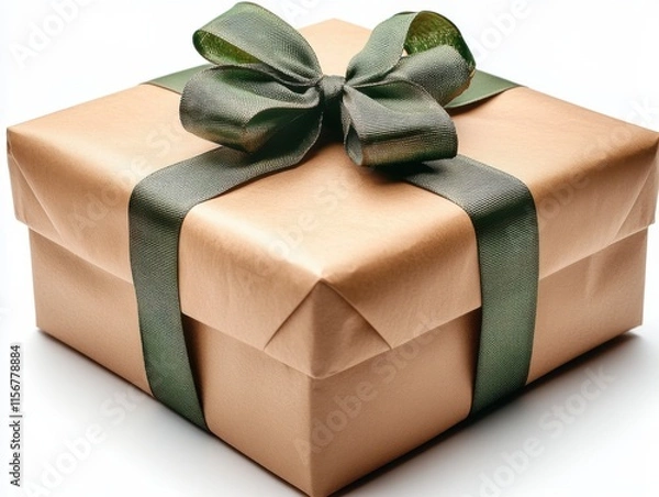 Fototapeta A beautifully wrapped gift box with a shiny ribbon in shades of brown and green, isolated on a white background.