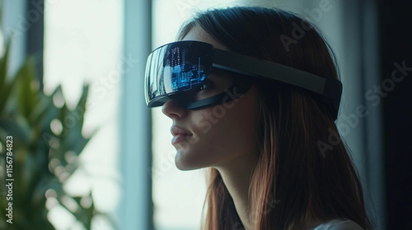 Fototapeta Female IT Specialist Analyzing Code and Data Exploring Cybersecurity and Artificial Intelligence with Augmented Reality