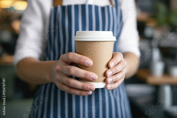 Fototapeta Hands holding a blank kraft coffee cup with lid, person wearing striped apron, blurred café background, concept for branding or design. Ai generative