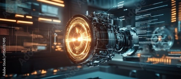 Fototapeta Futuristic engine design with holographic interface.