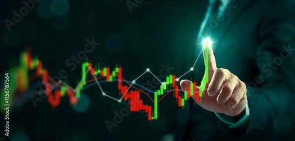 Obraz Businessman analyzing financial graphs on virtual screen. Business growth analysis and asset investment concept.