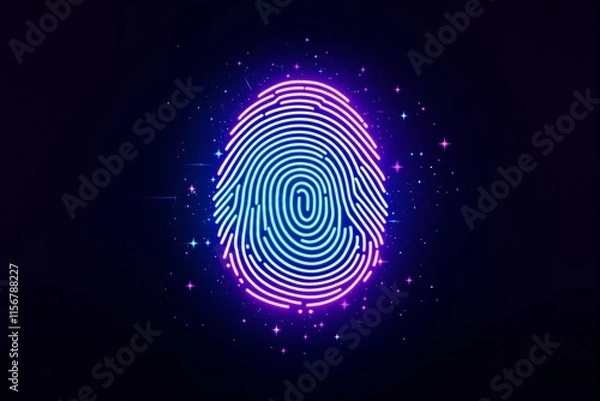 Fototapeta Glowing neon fingerprint with purple, pink, and blue hues surrounded by sparkling stars on a dark gradient background. Concept of digital identity. Ai generative