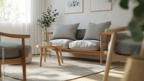 Fototapeta A Scandinavian living room with wooden furniture, light gray cushions, and a soft neutral rug