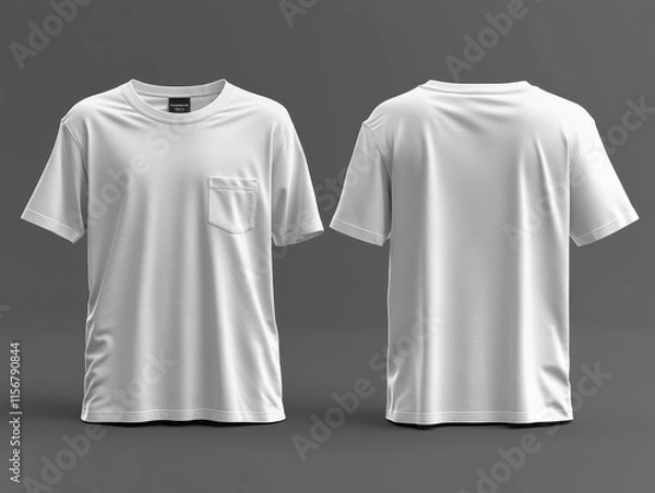 Obraz This image showcases the front and back views of a plain white t-shirt. The t-shirt features a round neck and a single pocket on the front.