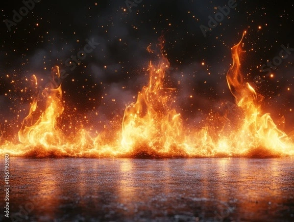 Fototapeta A vibrant and intense scene of burning fire flames, set against a dark backdrop. The bright orange and yellow hues create a contrast with the dark surroundings.