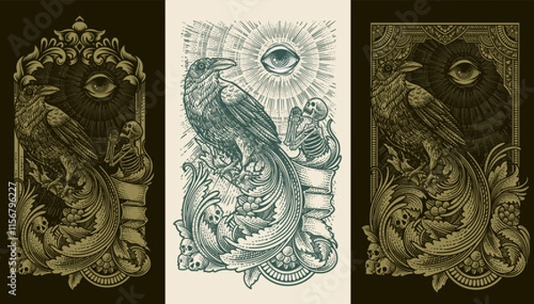 Fototapeta Set of 3 crow with skeleton and eye engraving ornament style