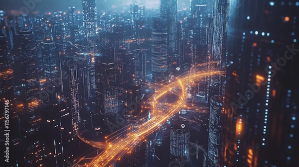 Fototapeta Smart digital Innovation city with connection network reciprocity over the cityscape. of future smart wireless city and social media networking systems that connects business people with in city