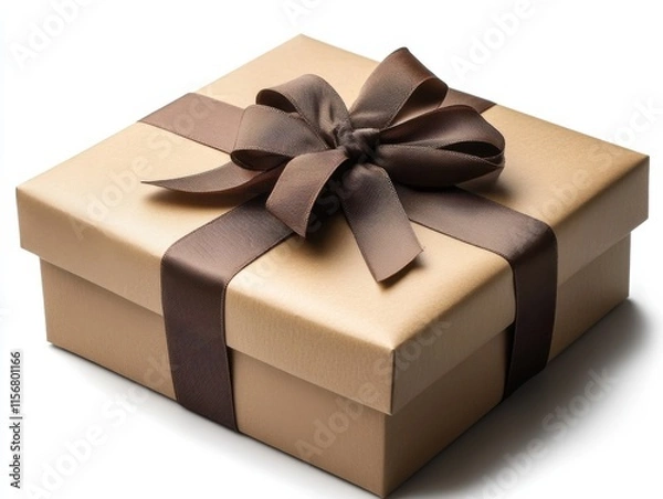 Fototapeta A neatly wrapped gift box with a brown ribbon and bow, isolated on a white background. The box is elegant and simple, ideal for special occasions.