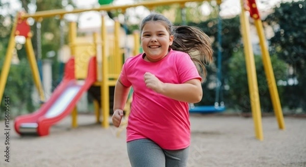Fototapeta Joyful hispanic child playing in park playground with colorful equipment