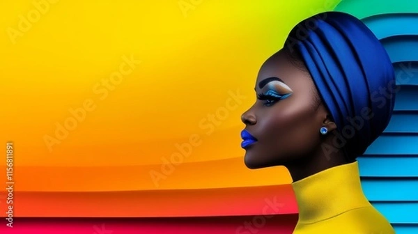 Obraz Woman with blue eyes and blue hair is wearing a yellow top and a blue scarf. The scarf is wrapped around her head and neck