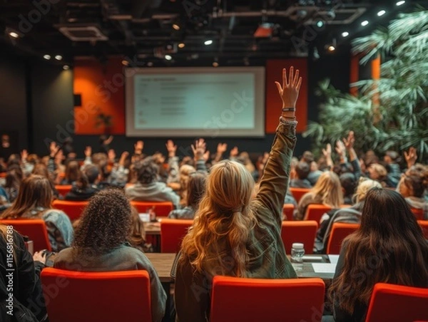 Fototapeta A diverse audience attentively participates in a professional business seminar, with individuals raising their hands to engage in discussion.