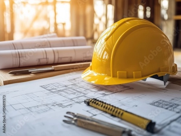 Fototapeta Construction project planning construction site image professional environment close-up view builder concepts