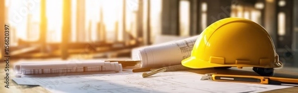 Fototapeta Construction site planning urban development blueprint strategy bright environment close-up view project management insight
