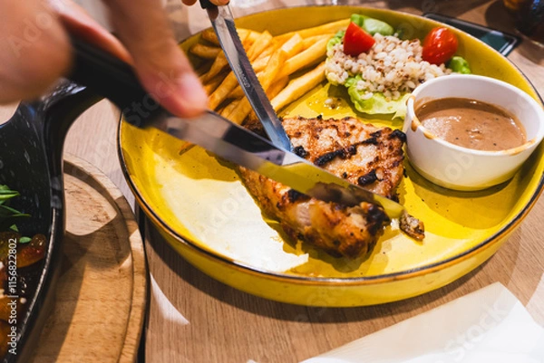 Obraz Grill pork steak with vegetables 
