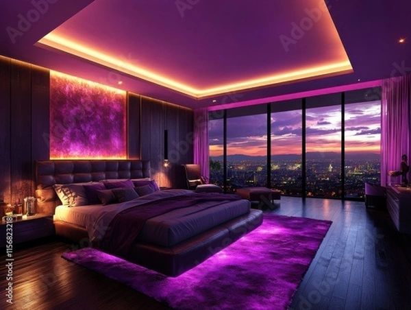 Obraz A luxurious penthouse bedroom with dim lighting and a panoramic city view at night, featuring purple and pink accents and modern furnishings.