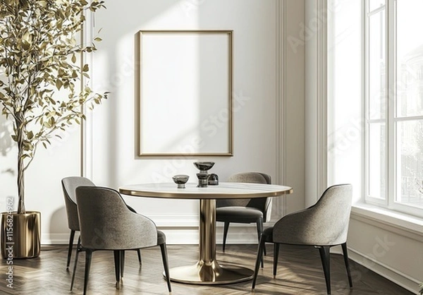 Fototapeta vertical blank frame leaning against the window in an elegant dining room, with modern furniture and decor
