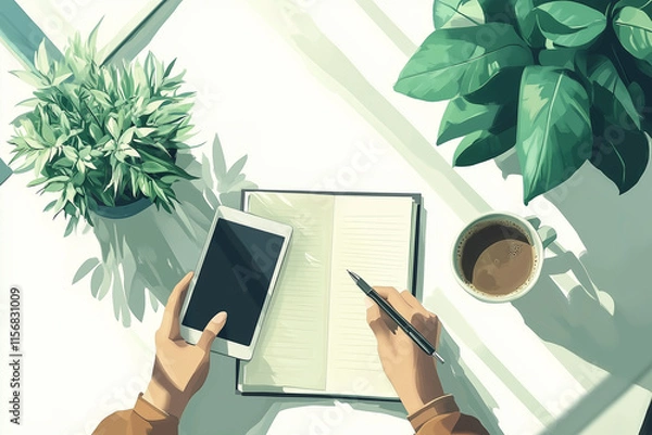 Fototapeta An overhead illustration of a sleek, modern white matte office desk, arranged with essential accessories. A cup of coffee sits invitingly, adding warmth to the workspace. Hands are holding a pen.