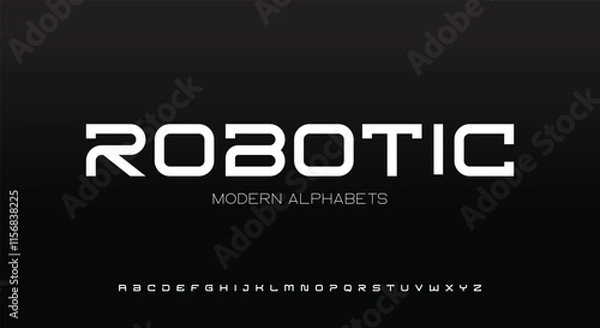 Obraz Geometric futuristic font, bold angular letters, tech robotic inspired design for gaming logos, sci-fi branding, innovative typography. Vector typeset
