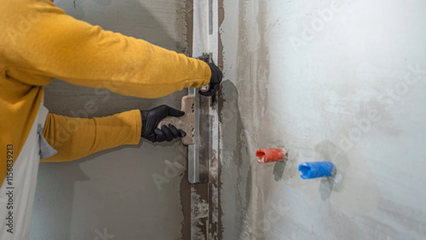 Fototapeta Applying a corner reinforcement tape into liquid membrane. Foolproof waterproofing for a tile bathroom.
